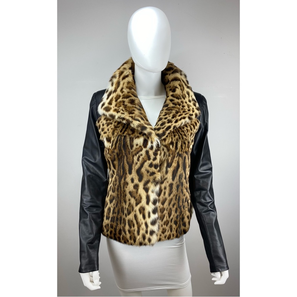 J Mendel Lippi Cat Leopard Ocelot Print Lynx Real Fur Black Leather Jacket Coat